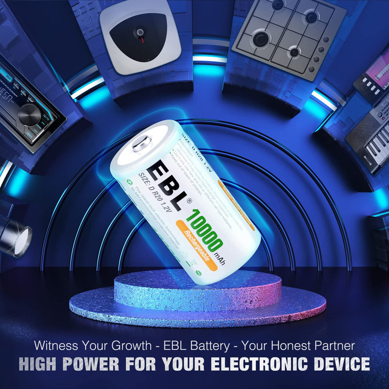 EBL D Cell Batteries 10,000mAh Ultra Pro Ni-MH Rechargeable D Batteries, 4-Pack 4Pack D