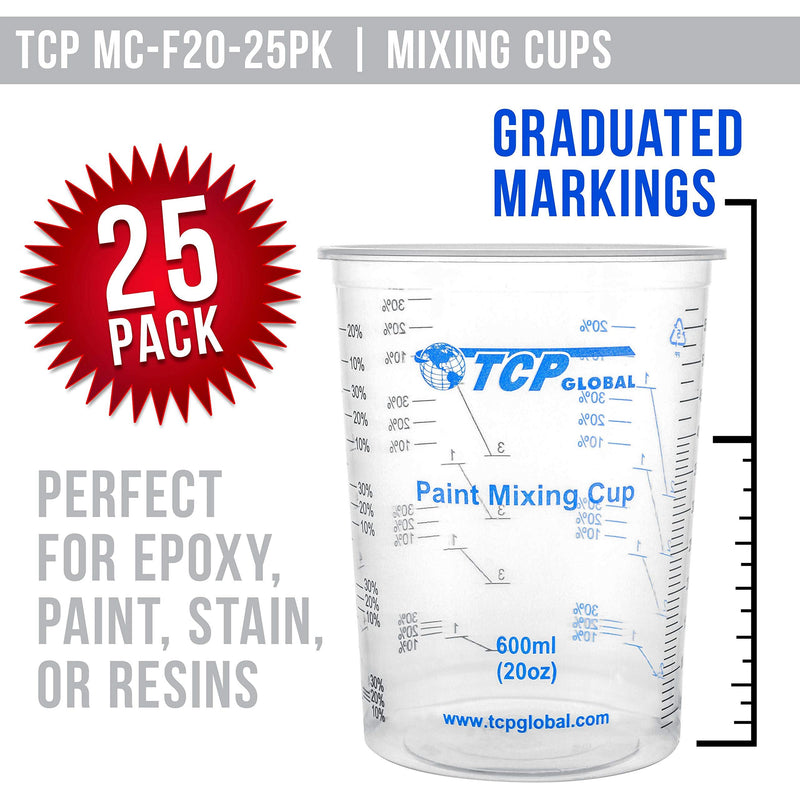 TCP Global 20 Ounce (600ml) Disposable Flexible Clear Graduated Plastic Mixing Cups - Box of 25 Cups & 25 Mixing Sticks - Use for Paint, Resin, Epoxy, Art, Kitchen - Measuring Ratios 2-1, 3-1, 4-1, ML