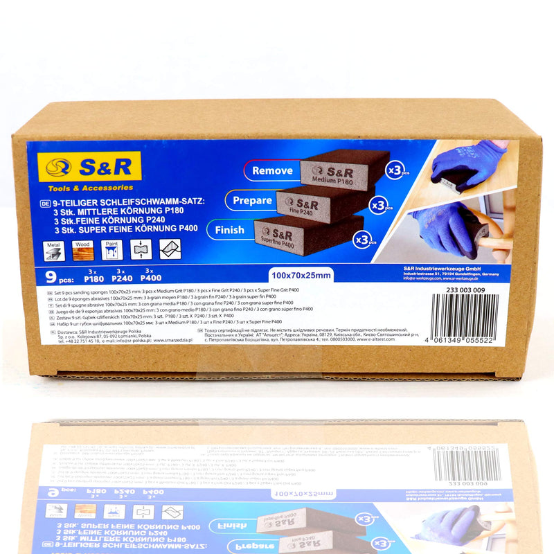 S&R sanding sponge set 9 pieces, 100 x 70 x 25 mm, sanding blocks, hand sander, 3 grits, medium 3X P180, fine 3X P240, super fine 3X P400 for grinding, polishing metal, wood, steel, stainless steel