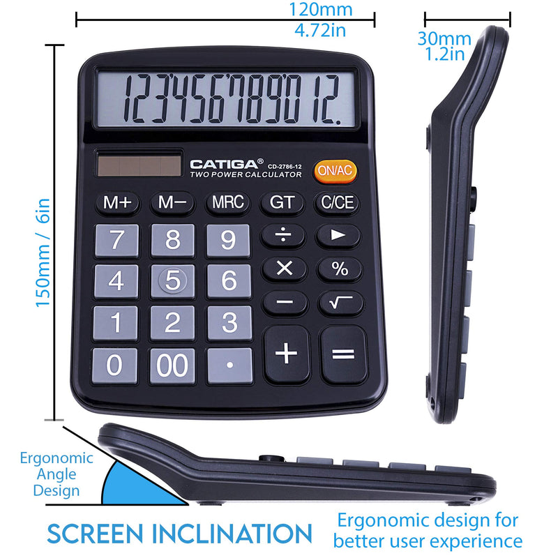 Desktop Calculator 12 Digit with Large LCD Display and Sensitive Button, Solar and Battery Dual Power, Standard Function for Office, Home, School, CD-2786 (Black) Black