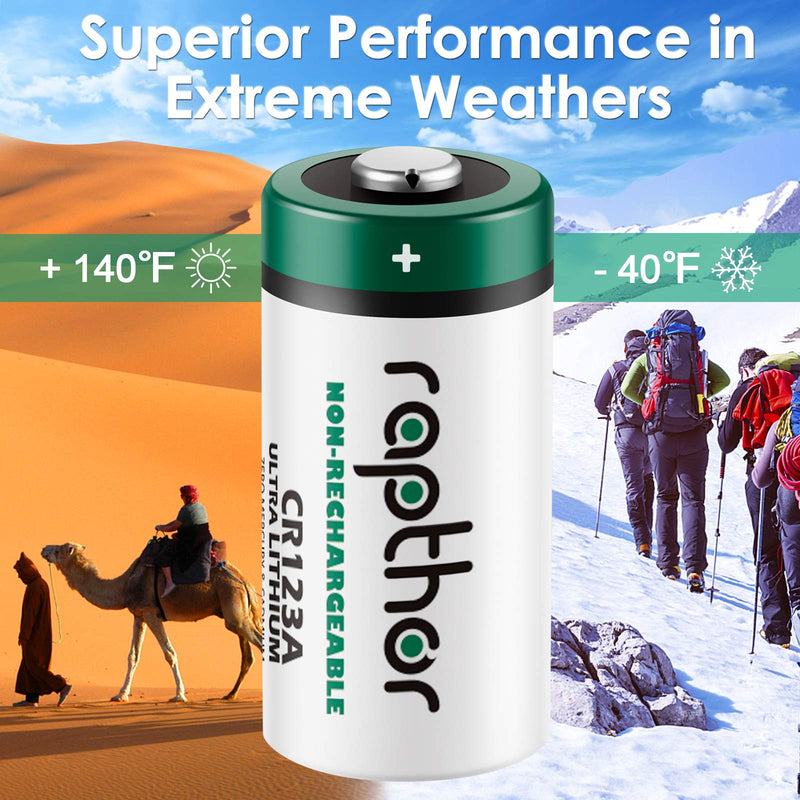 Rapthor CR123A Lithium Batteries 3V 1650mAh, 12 Pack CR17345 High Power 123 Photo Battery CR123 PTC Protected for Cameras Flashlight Alarm Smart Sensors (Non-Rechargeable, Not for Arlo) (Pack of 12)