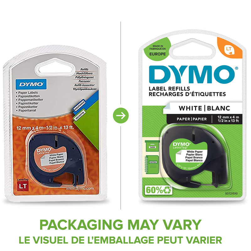 Dymo LetraTag Paper Label Tape, 12 mm x 4 m Roll, White
