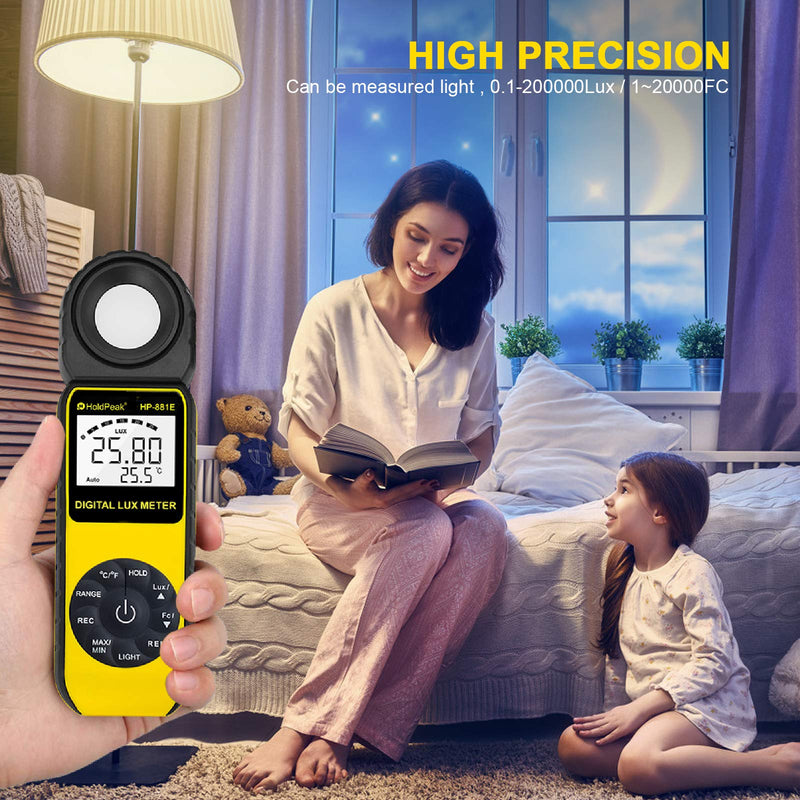 Light Meter-HOLDPEAK 881E Digital Illuminanc/Light Meter with 0.01~300,000 Lux (0.01~30,000 FC) Measuring Ranges and 270° Rotatable Detector for LED Lights and Plants Lumen Meter HP-881E(0.1 - 200,000Lux / 1 - 20,000FC)