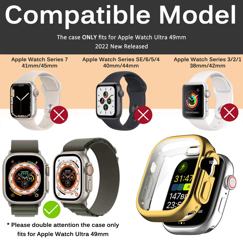 Miimall Compatible Apple Watch 49mm Case Ultra with Screen Protector, Over-All Protective Flexible TPU Shell, Shockproof Touch Sensitive HD Clear Slim 49mm Case for Apple Watch Ultra(Gold) Gold