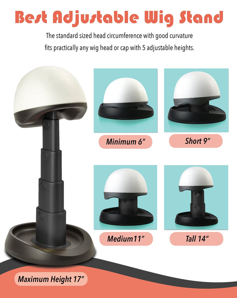 Adjustable Wig Head for Travel and Salon - Black Stand, Styrofoam Head, Collapsible Compact Stand Expands for Long and Short Wigs - by Adolfo Design