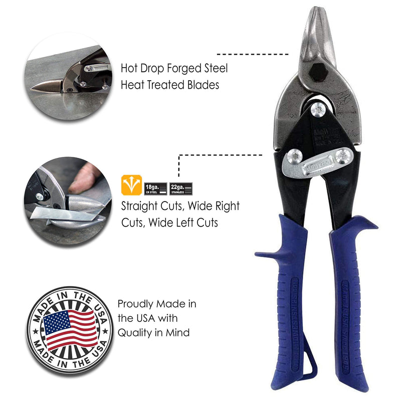 MIDWEST Bulldog Aviation Tin Snip - Straight Cut Regular Tin Cutting Shears with Forged Blade & KUSH'N-POWER Comfort Grips - MWT-6716B Metal