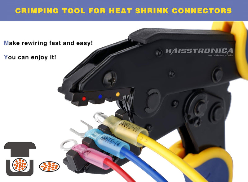 haisstronica Crimping Tool For Heat Shrink Connectors-AWG 22-10 Ratchet Wire Terminal Crimper-Ratcheting Crimper Tools-Available For Insulated Nylon Connectors and Electrical Wire Connectors HS-8327