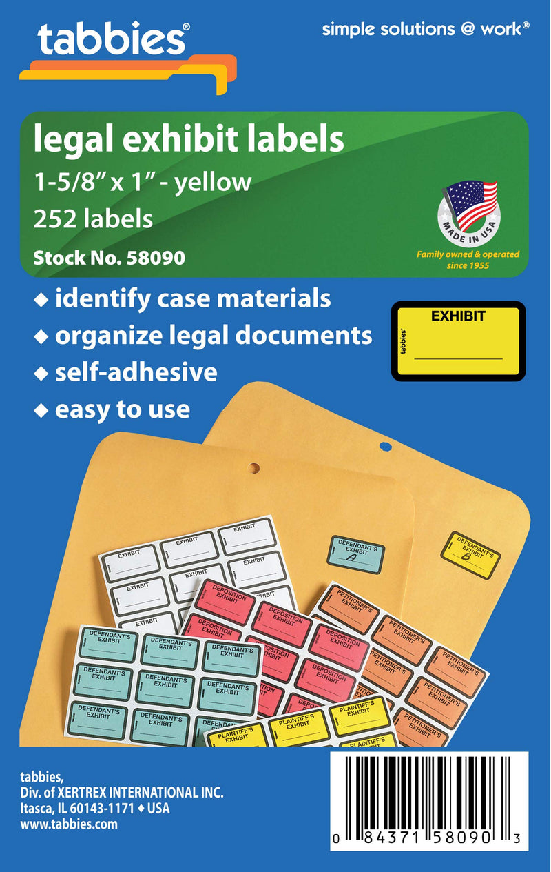 Tabbies Legal Exhibit Labels, Label: 1-5/8"W x 1"H, Sheet: 5-1/4"W x 3-1/4"H, Yellow,"Exhibit" 252 Labels/Pack (58090) Exhibit (Yellow)