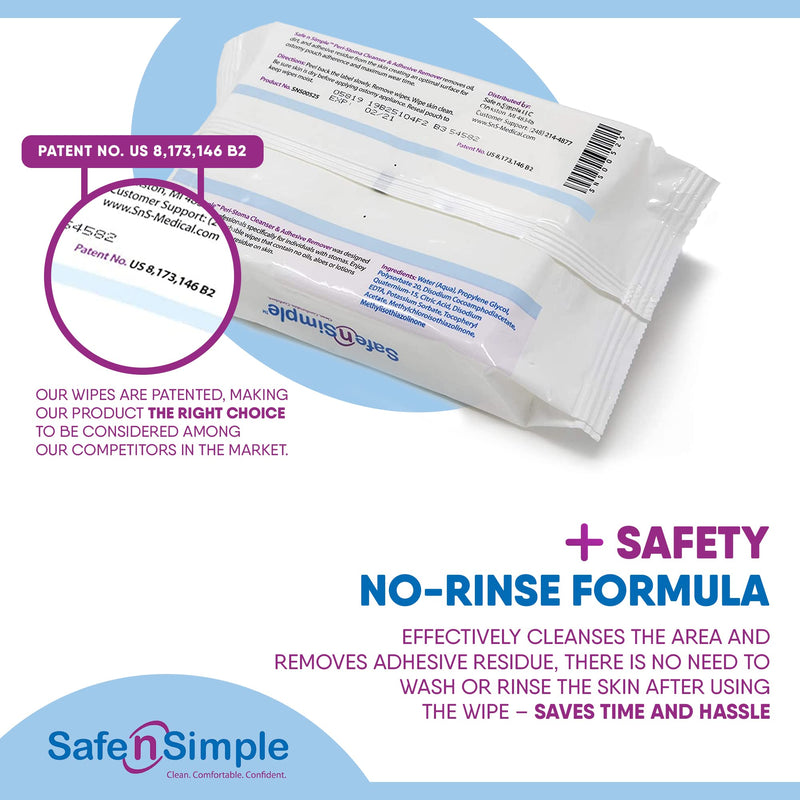 Safe n' Simple Adhesive Remover Wipes, Flushable & Easy to Use No-Sting Skin Prep Wipes, 50 x Individually Wrapped Alcohol -Free Wipes 50 Count (Pack of 1)
