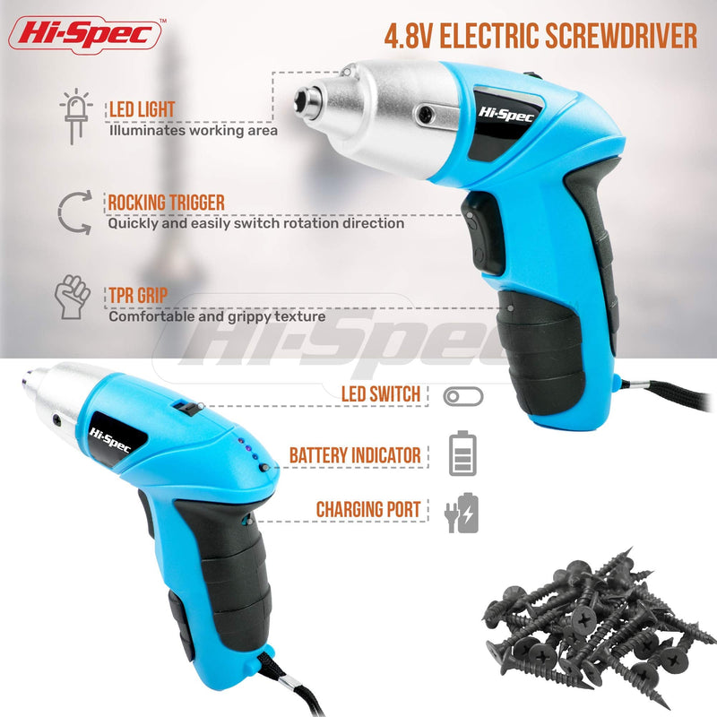Hi-Spec 27 Piece Blue 4.8V Electric Cordless Power Screwdriver & Bit Set. Lightweight & Easy to Use Rechargeable Battery Screwdriving for the Home & Office