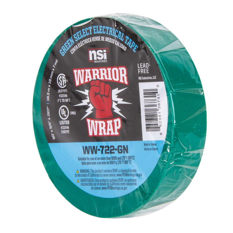 NSi Industries WarriorWrap Select 3/4 in. x 60 ft. 7 mil Vinyl Electrical Tape, Green (WW-722-GN)