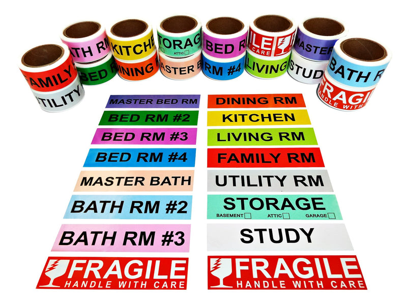 800 Count Home Moving Color Coding Labels, 4 Bedroom House + Fragile Stickers, [14 Different Living Spaces + 2 Rolls Handle with Care, 16 Rolls Total, 50 Labels/Roll, 1 Inch Height X 4.5 Inch Width]