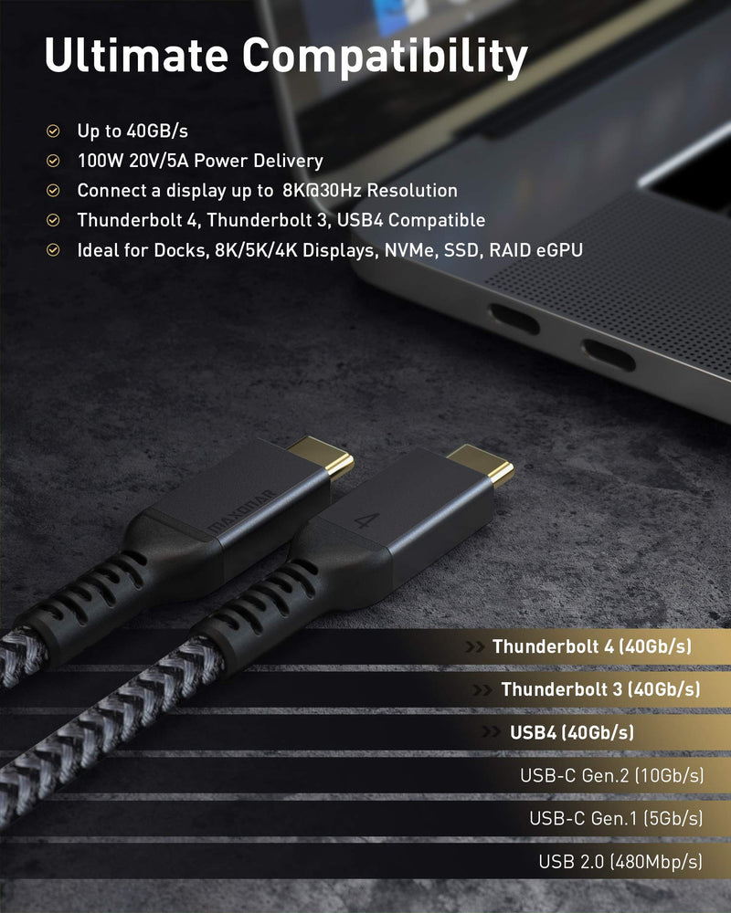 USB4 Compatible with Thunderbolt 4 Cable 4Ft, Maxonar 40Gbps Cable with 100W Charging and 8K@30Hz 5K@60Hz or Dual 4K Video Compatible with Thunderbolt 4, USB4, Thunderbolt 3, USB-C (Certified) 1.2 Meters