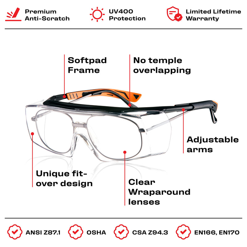 NoCry Safety Glasses That Fit Over Your Prescription Eyewear. Clear Anti-Scratch Wraparound Lenses, UV400 Protection, ANSI Z87 & OSHA Certified. Use in the Lab, Travelling, Black & Orange Frames
