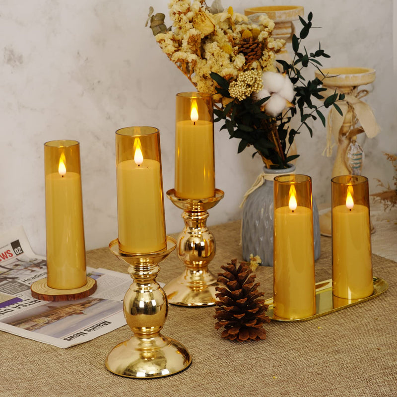 Amagic Acrylic Flameless Candles, Battery Operated Candles, Flickering LED Pillar Candles with Remote Control and Timer, 3D Wick, Gold, Set of 5