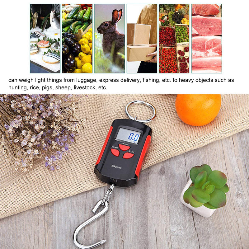 Electronic Scale with Hook, 200kg Portable Digital LCD Display with Backlight kg/lb/jin Crane Scale, Durable Multi-Purpose Electronic Scale for Fish Hunting (Red Frame)