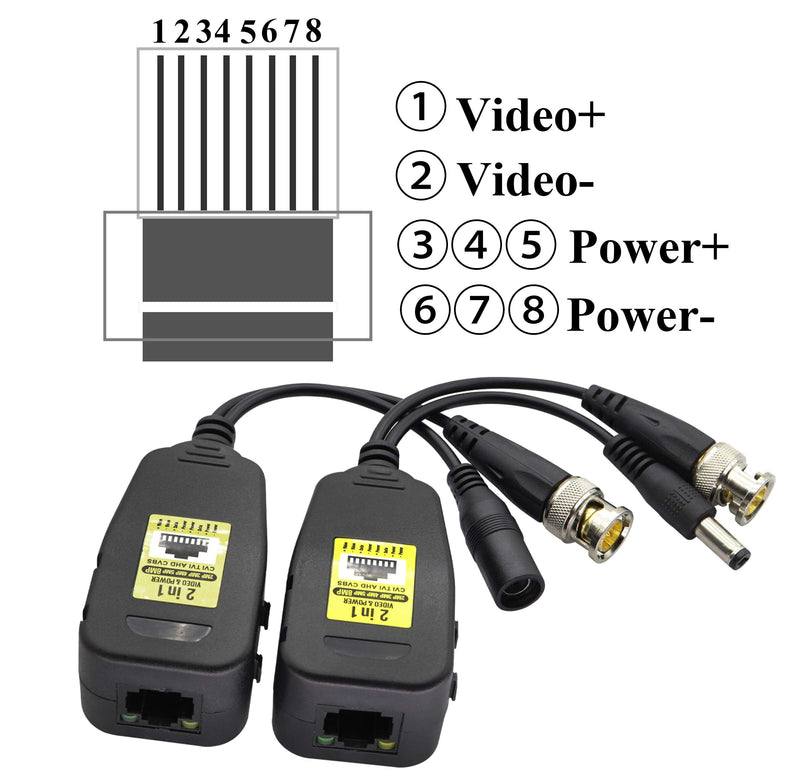 AAOTOKK Power Video Balun DC BNC to Cat5 RJ45 Network Transceiver HD-CVI/TVI/AHD/CVBS with DC Connector for 720P 960P 1080P 3MP 4MP 5MP 8MP CCTV Security DVR Surveillance Camera System(18cm-4Pairs) 4Pairs