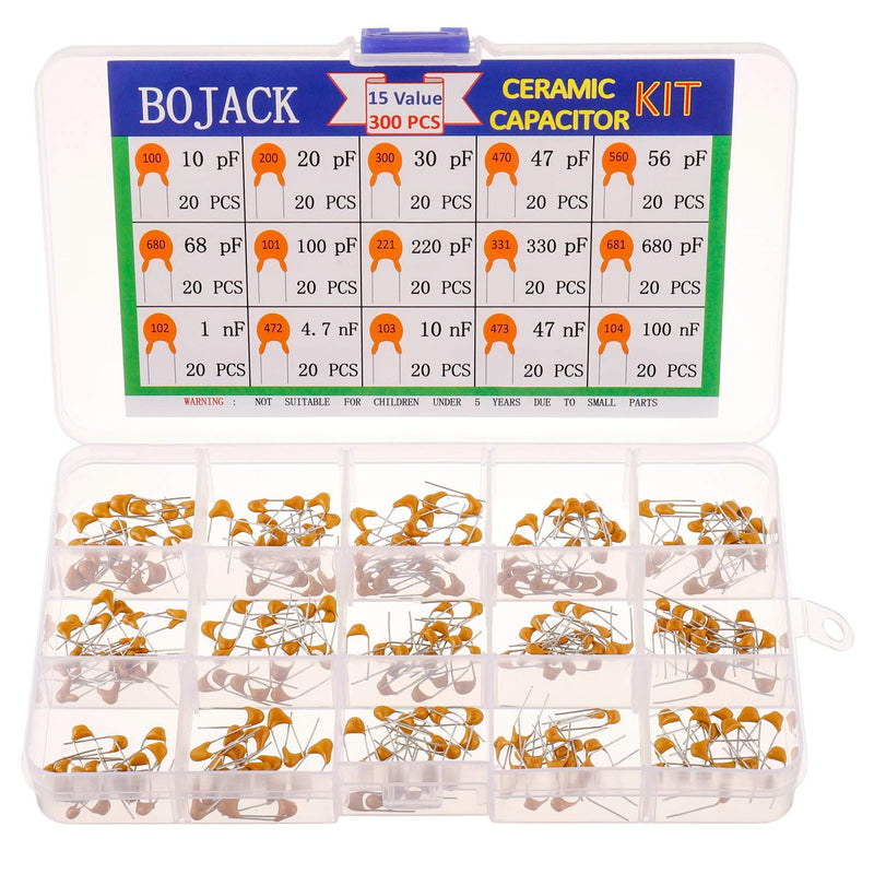 BOJACK 15 Values 300 Pcs Ceramic Capacitor 10 20 30 47 56 68 100 220 330 680 pF & 1 4.7 10 47 100 nF Multilayer Monolithic Ceramic Capacitor Assortment Kit 10pF-680pF,1nF-100nF