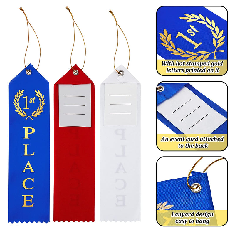 75 Pcs Award Ribbons 1st, 2nd, 3rd, 4th, 5th Place Flat Carded Set Prize Ribbon Contest Award Ribbons with Event Card and Rope for Competition, Sports Event, School, Contests