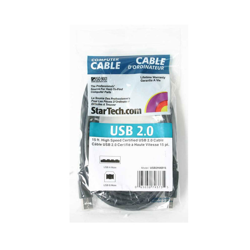 StarTech.com 15 ft USB 2.0 A to B Cable - M/M - USB 2.0 Cable - Black - USB Type A (M) to USB Type B (M) (USB2HAB15) 15 ft / 4.5m