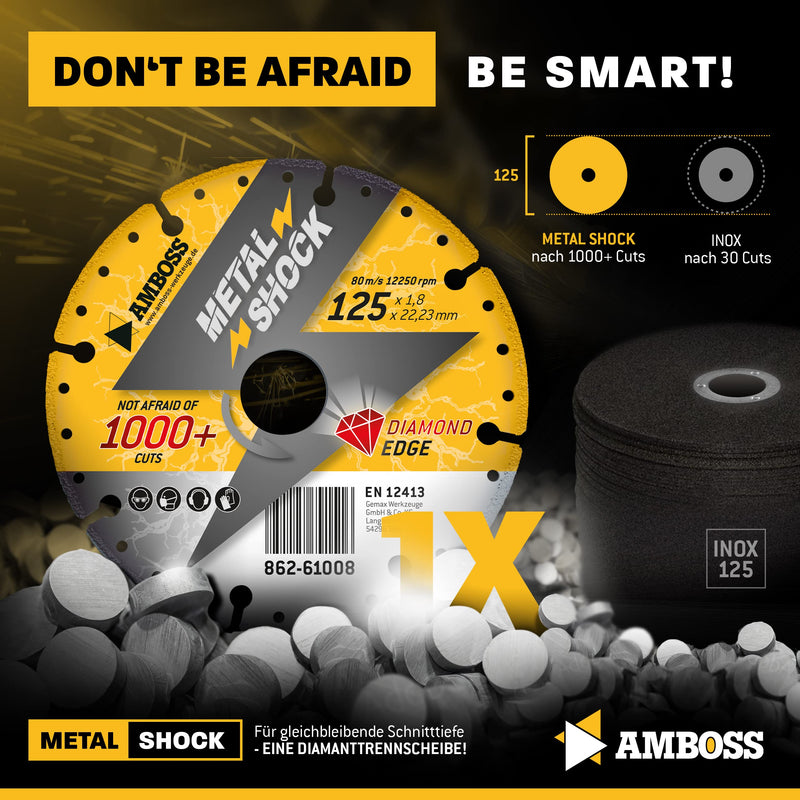 AMBOSS METAL SHOCK - diamond cutting disc 125 x 1.8 x 22.23 mm - suitable for metal/steel/stainless steel - suitable for angle grinders Ø 125mm x 22.2mm (metal shock)