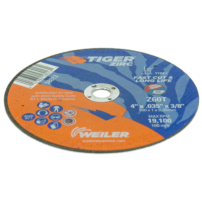 Weiler 58013 4" x .035" Tiger Zirc Type 1 Cutting Wheel, Z60T, 3/8" A.H. (Pack of 25) 4" Dia TYPE 1 3/8" Arbor