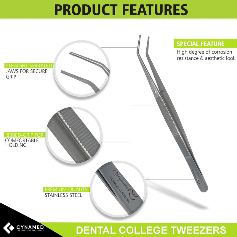 Cynamed Premium Dental College Tweezer Tools-Stainless Steel with Curved Serrated Tip Multipurpose Forceps for Oral Care Denture Teeth Cleaning (1) 1