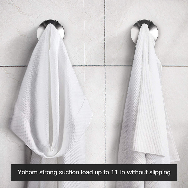 Yohom 2Pcs SUS 304 Stainless Steel Vacuum Suction Cup Hooks Shower Holder - Removable Bathroom Shower Hook Suction Towel Rack and Kitchen Organizer for Towel Hook, Bathrobe and Loofah,Brushed Finish Brushed