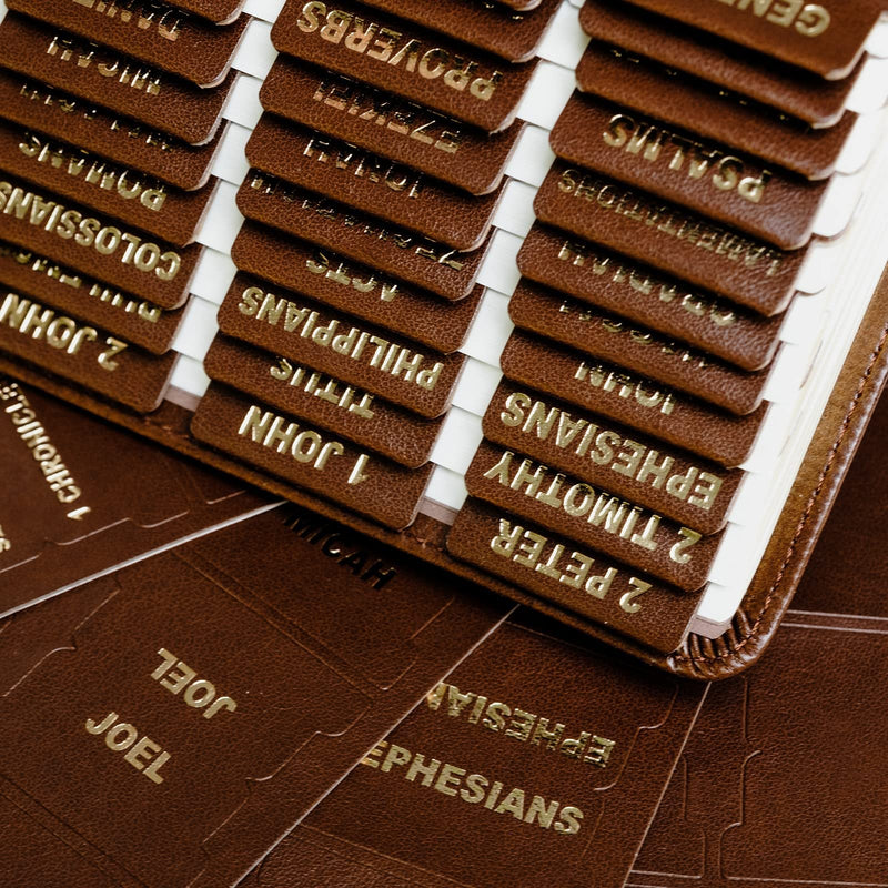 UPAFEXXI- Leather Bible tabs, Bible Tabs for Women and Men, Bible Tabs for Study Bible, 80 Bible Index Book Tabs in Total, 66 Bible Tabs for Old and New Testament, Additional 14 Blank tabs (Brown)