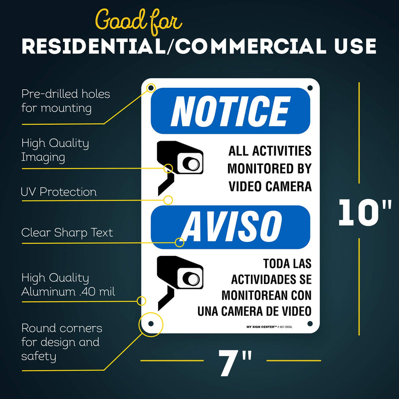 Warning Camera in Use Video Surveillance Sign, Bilingual English/Spanish, 7” x 10” Industrial Grade Aluminum, Easy Mounting, Rust-Free/Fade Resistance, Indoor/Outdoor, USA Made by MY SIGN CENTER