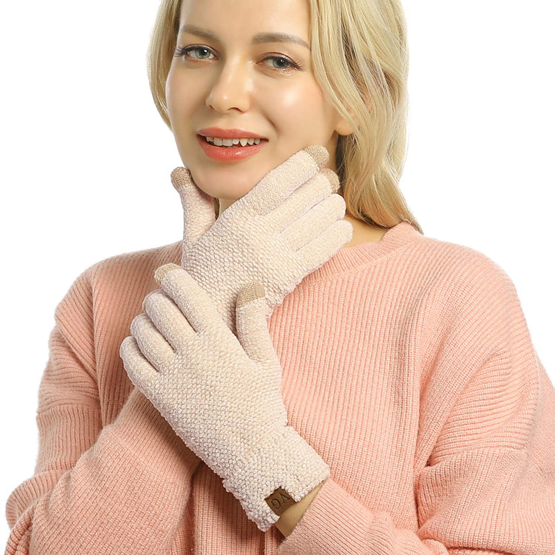 Women's Winter Touch Screen Gloves Chenille Warm Cable Knit 3 Touchscreen Fingers Texting Elastic Cuff Thermal Gloves Beige