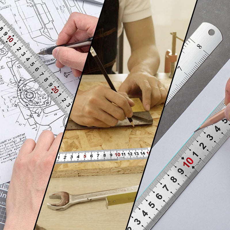 TONAUP Pack of 3 stainless steel rulers, steel ruler, double side scale, edge measuring tool, including 15 cm / 20 cm / 30 cm for engineering, teaching, office silver