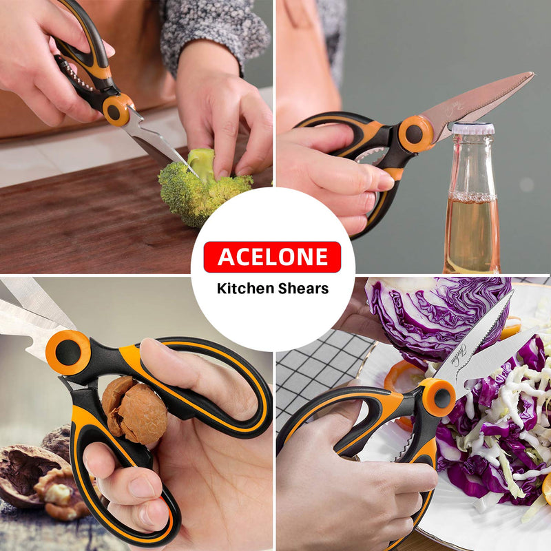 Kitchen Shears, Acelone Premium Heavy Duty Shears Ultra Sharp Stainless Steel Multi-function Kitchen Scissors for Chicken/Poultry/Fish/Meat/Vegetables/Herbs/BBQ… (Orange black) Orange black