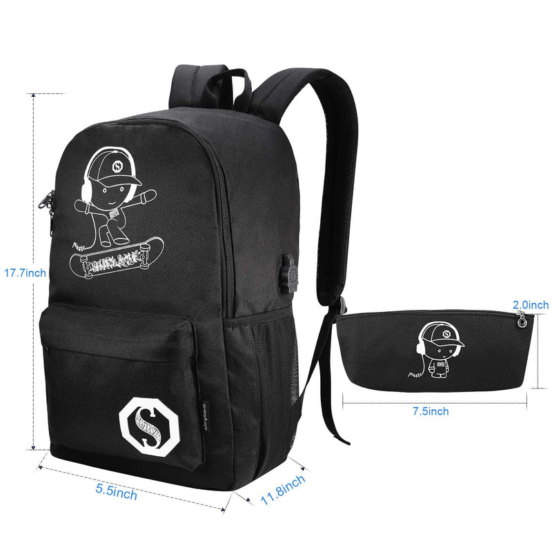 Pawsky Skateboard Anime Luminous Backpack School Backpack with USB Charging Port, Anti Theft Lock and Pencil Case for Teen Boys and Girls, College School Bookbag Lightweight Laptop Bag, Black
