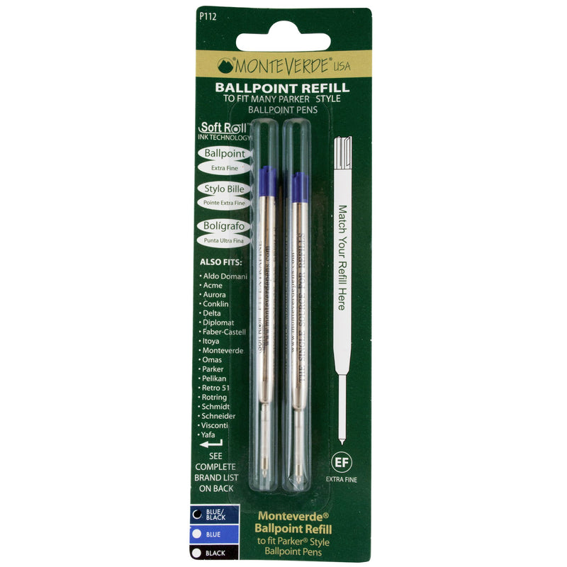 MONTEVERDE Ballpoint Refill to Fit Parker Style Ballpoint Pens, Extra Fine, Pack of 2, Blue/Black (P112BB)