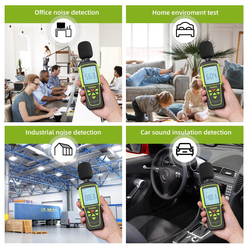 Decibel Meter, Tadeto Sound Level Meter Portable db Meter 30dB to 130dB (5 Measuring Ranges) Backlight LCD Display, MAX/MIN, Audible and Visual Alarms, Data Hold, A/C Weighted Verde