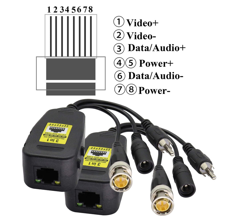 AAOTOKK BNC to RJ45 Transmitter Transceiver DC Power Passive Audio Video Balun HD-CVI/TVI/AHD/CVBS with DC Jack for 720P-1080P 3MP 4MP 5MP 8MP CCTV Security DVR Surveillance Camera System(19cm/4Pairs) 4Pairs