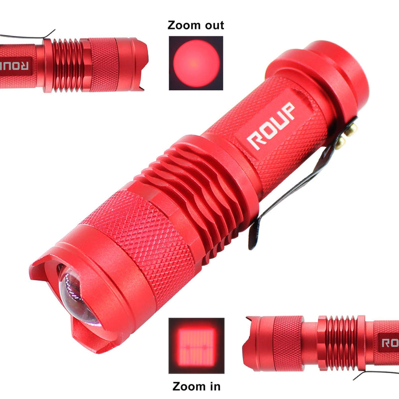 ROUP 2 Pack YP-100 Red Light LED Flashlight, Zoomable, Water Resistant, 3 Light Modes, Adjustable Focus Light for Camping, Hiking, Hunting, Night Vision, Astronomy and Emergency (Red Shell)