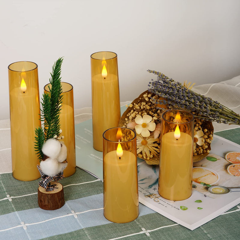 Amagic Acrylic Flameless Candles, Battery Operated Candles, Flickering LED Pillar Candles with Remote Control and Timer, 3D Wick, Gold, Set of 5