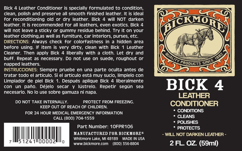 Bickmore Bick 4 Leather Conditioner 2oz - Best Since 1882 - Cleaner & Conditioner - Restore Polish & Protect All Smooth Finished Leathers 2 oz