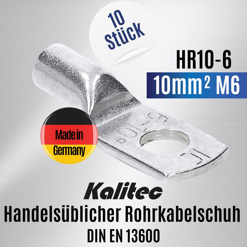 Pack of 10 Kalitec HR10-6 standard tubular cable lugs 10mm² M6 I without viewing hole I Made in Germany