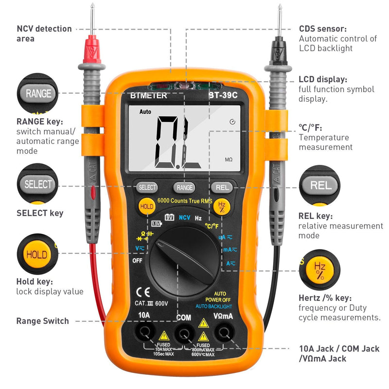 BTMETER BT-39C True RMS Digital Multimeter Auto Ranging for AC DC Voltage,Current, Resistance, Capacitance Tester with Temp Battery LED Test Auto Backlit Orange