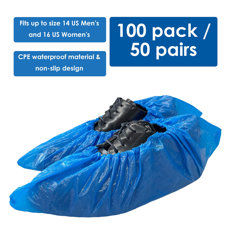 Buena Goods 100 Pack Extra Large Disposable Blue Boot & Shoe Covers. Reusable Premium CPE Waterproof Durable Booties with Non Slip Treads for Indoor Use. Fits US Men's Size 14 & Women's 16 Shoe Size