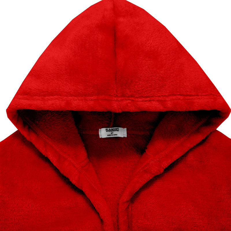 V.&GRIN Boys Girls Fleece Bathrobe, Hooded Toddler Soft Fuzzy Robe for Kids 3-12 Years Coral Red 2-3T