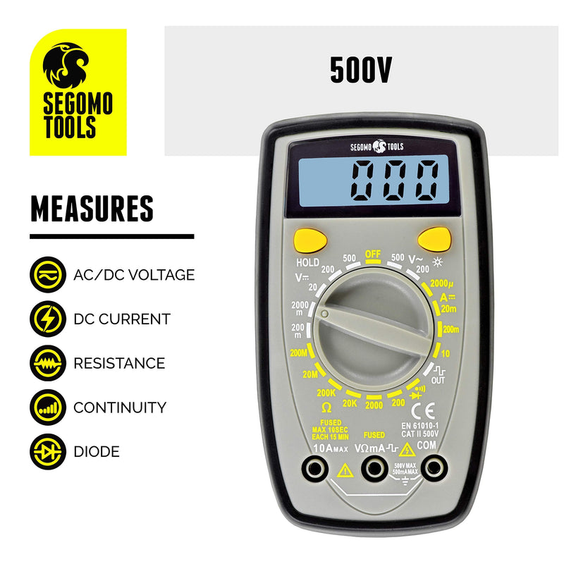 Segomo Tools 500 Volt Multimeter - Amp & Diode Voltage, Resistance & Continuity Digital Multimeter - Voltage Tester AC & DC - Continuity Tester & Voltage Meter - Multimetro - DM500