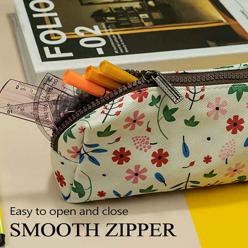 LParkin Floral Large Capacity Flower Canvas Pencil Case Teacher Gift Gadget Pen Bag Pouch Stationary Case Makeup Cosmetic Student Bag Box White