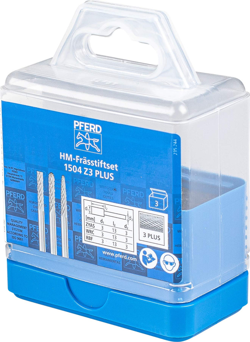 PFERD HM burr set, 3 pieces, cut 3 PLUS, shaft ø 3mm, burr ø 3mm, 21901504 - for universal applications on the most important industrially used materials