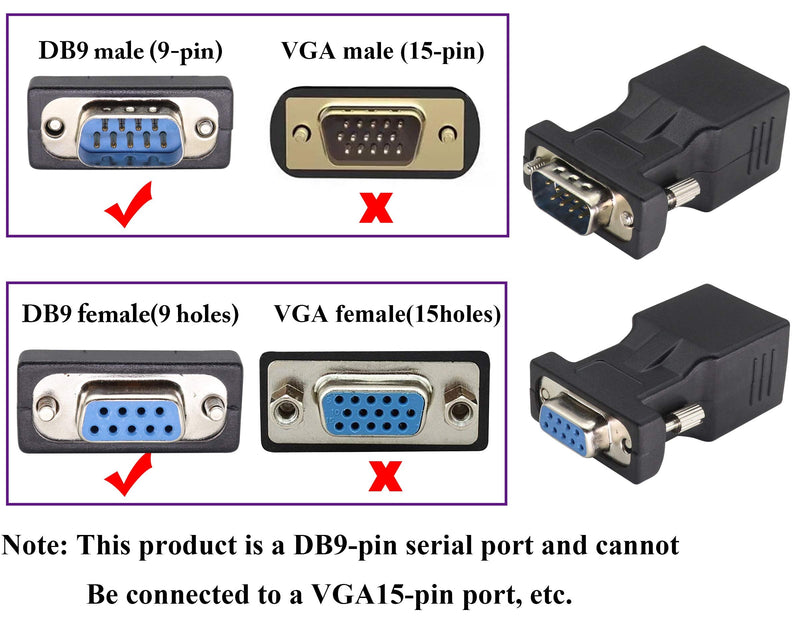 AAOTOKK DB9 to RJ45 Extender DB9 9Pin Serial Port Female&Male to RJ45 CAT5/6 Ethernet LAN Network Adapter for Multimedia Video & Extend Transmission Distance Adapter of DB9 Devices(2 Pack-Male&Female) Male&Female