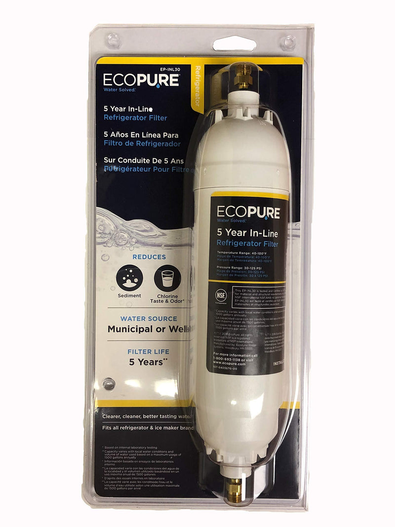 EcoPure EPINL30 5 Year in-Line Refrigerator Filter-Universal Includes Both 1/4" Compression and Push to Connect Fittings