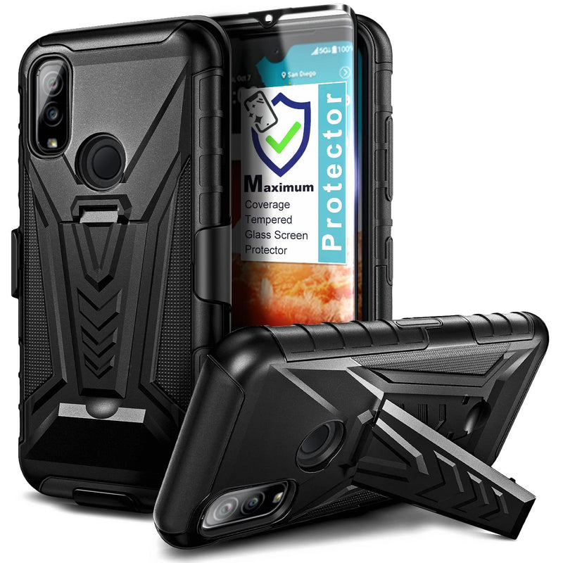 NZND Case for Kyocera DuraSport 5G (C6930) with Tempered Glass Screen Protector (Maximum Coverage), Belt Clip Holster Kickstand, Heavy Duty Protective Shockproof Armor Defender Case Cover (Black) Black